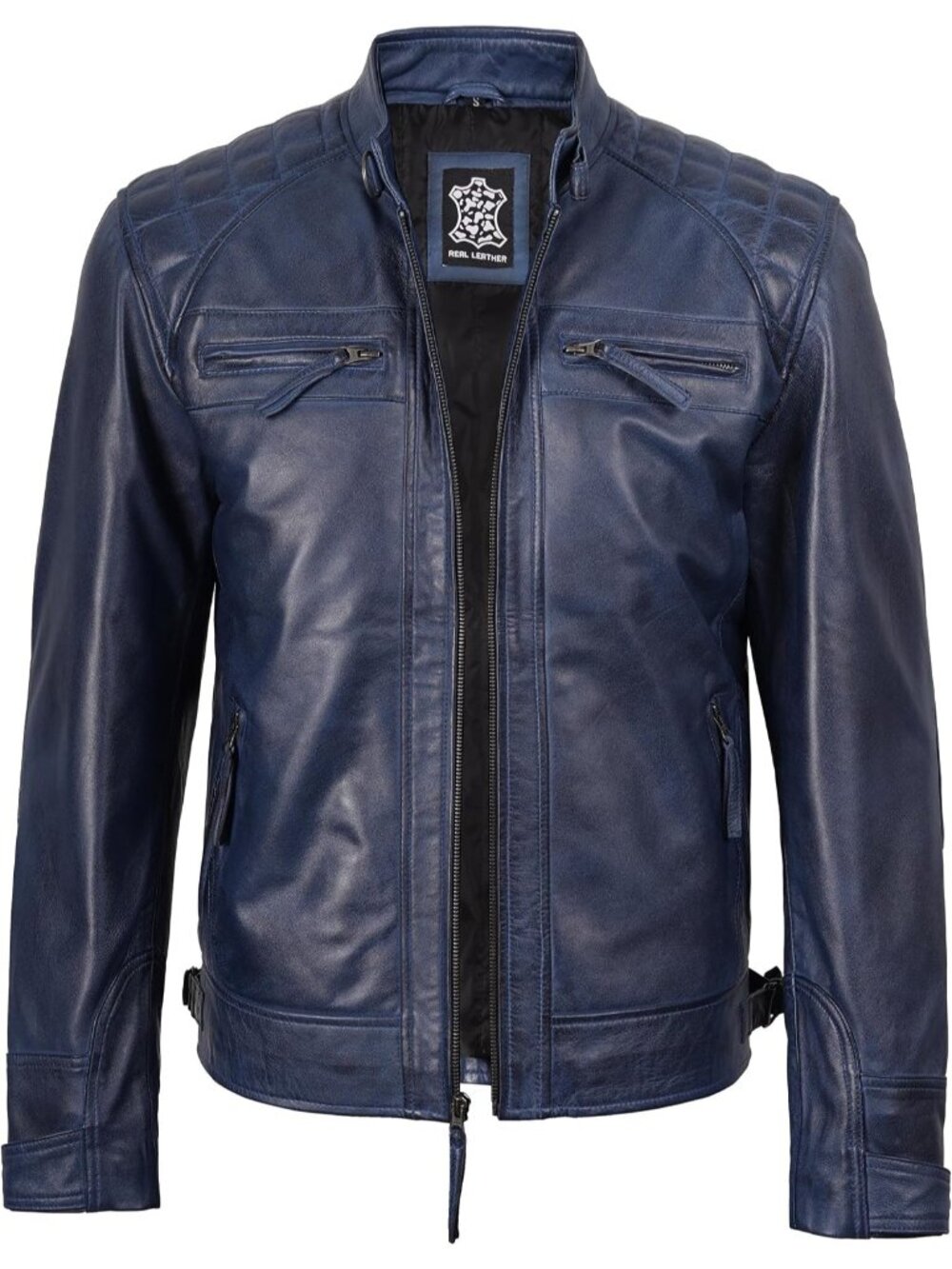Men’s Blue Wax Genuine Lambskin Leather Cafe Racer Motorcycle Jacket